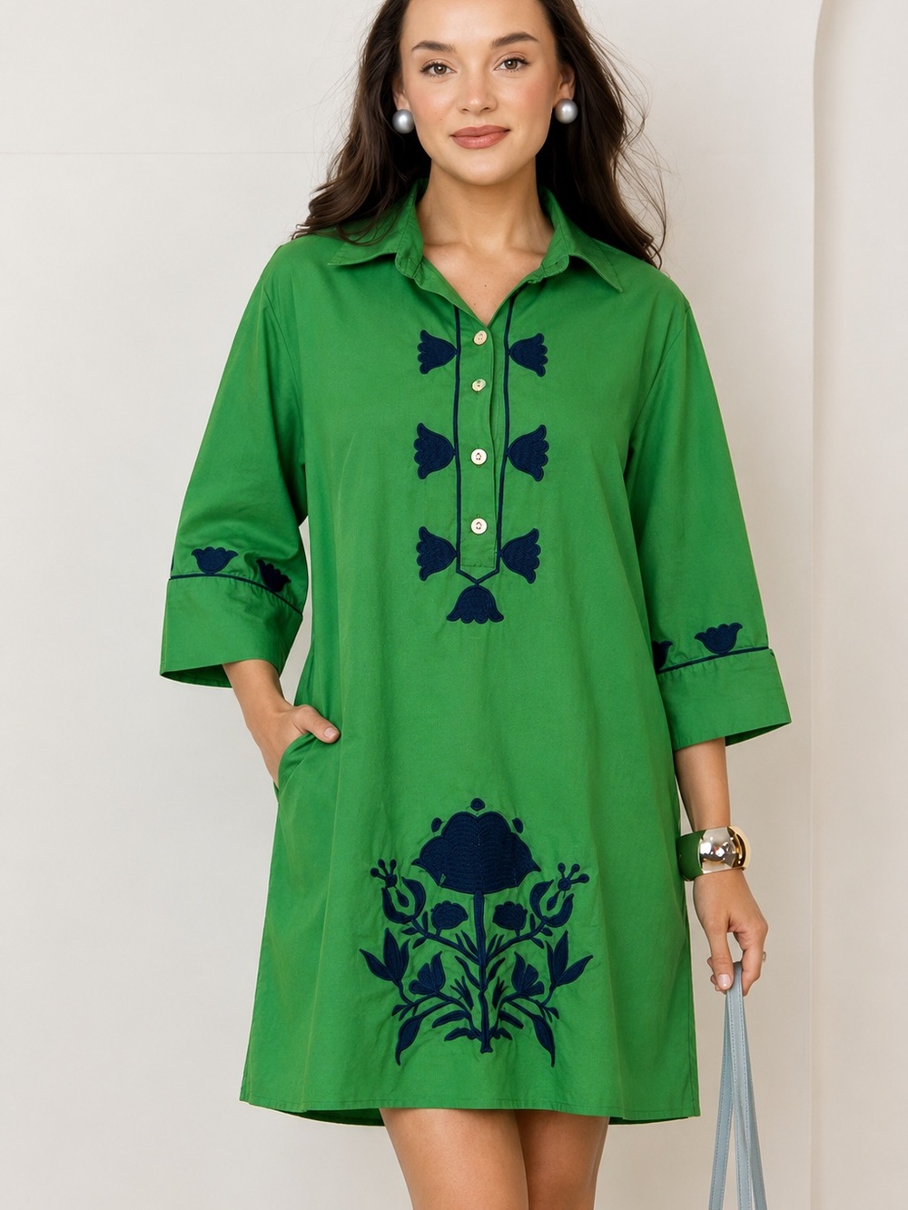NavyBLEU Green & Navy Embroidered Shirt Dress – Size M